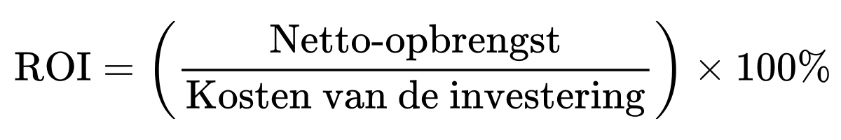 ROI is gelijk aan de netto-opbrengst gedeeld door de kosten van de investering, vermenigvuldigd met 100 procent.