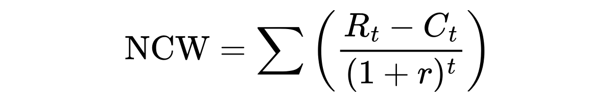 NCW is gelijk aan de som van de opbrengsten min de kosten gedeeld door één plus de rentevoet tot de macht t.