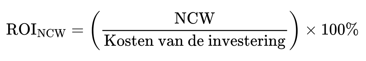 ROI sub NCW is gelijk aan de netto contante waarde gedeeld door de kosten van de investering, vermenigvuldigd met 100 procent.